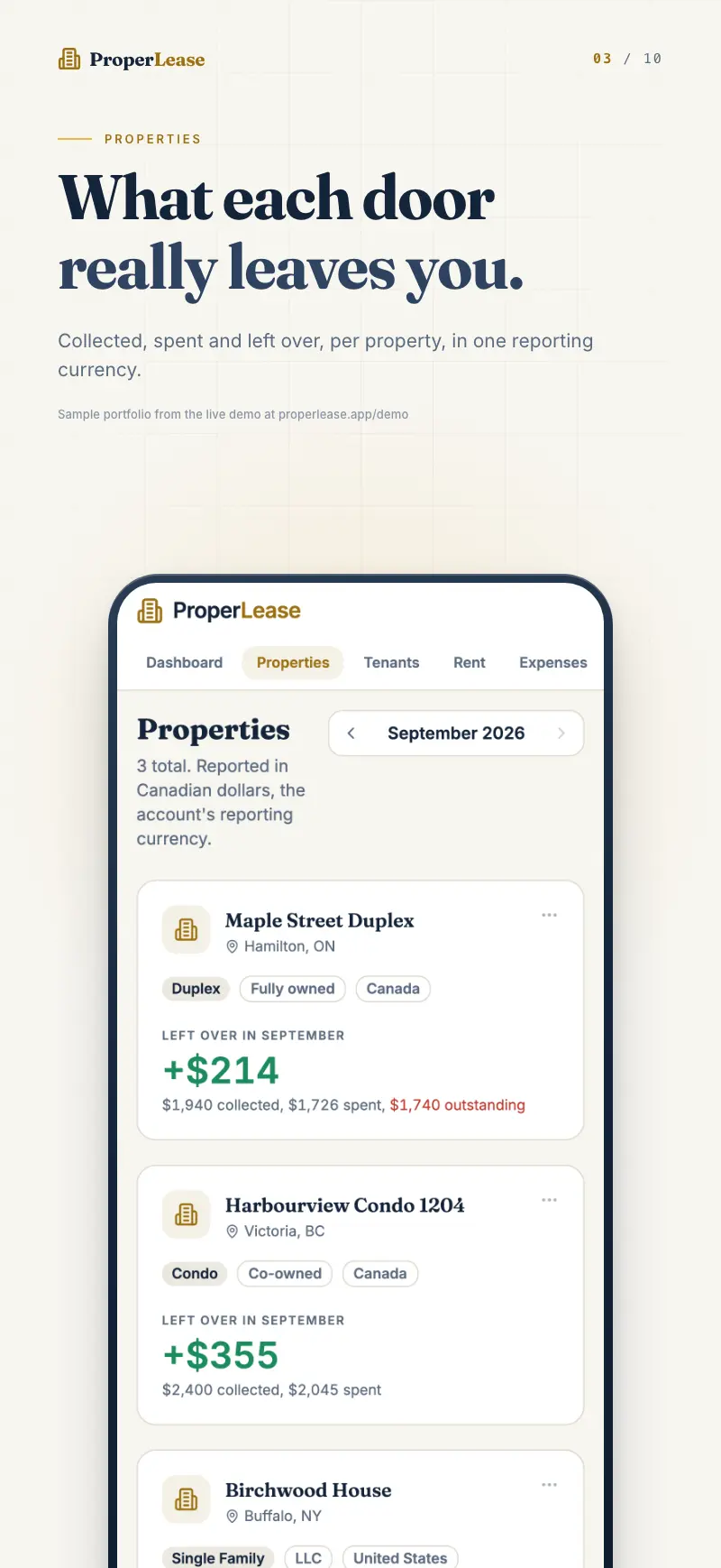 Properties list with rent collection progress and a behind or healthy badge per unit.