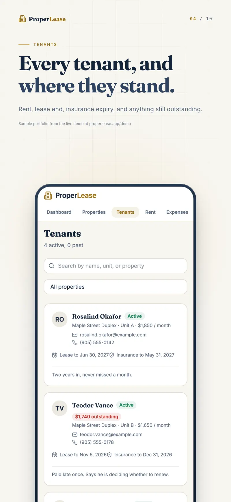 Tenants grouped by property, each with a paid or overdue badge.