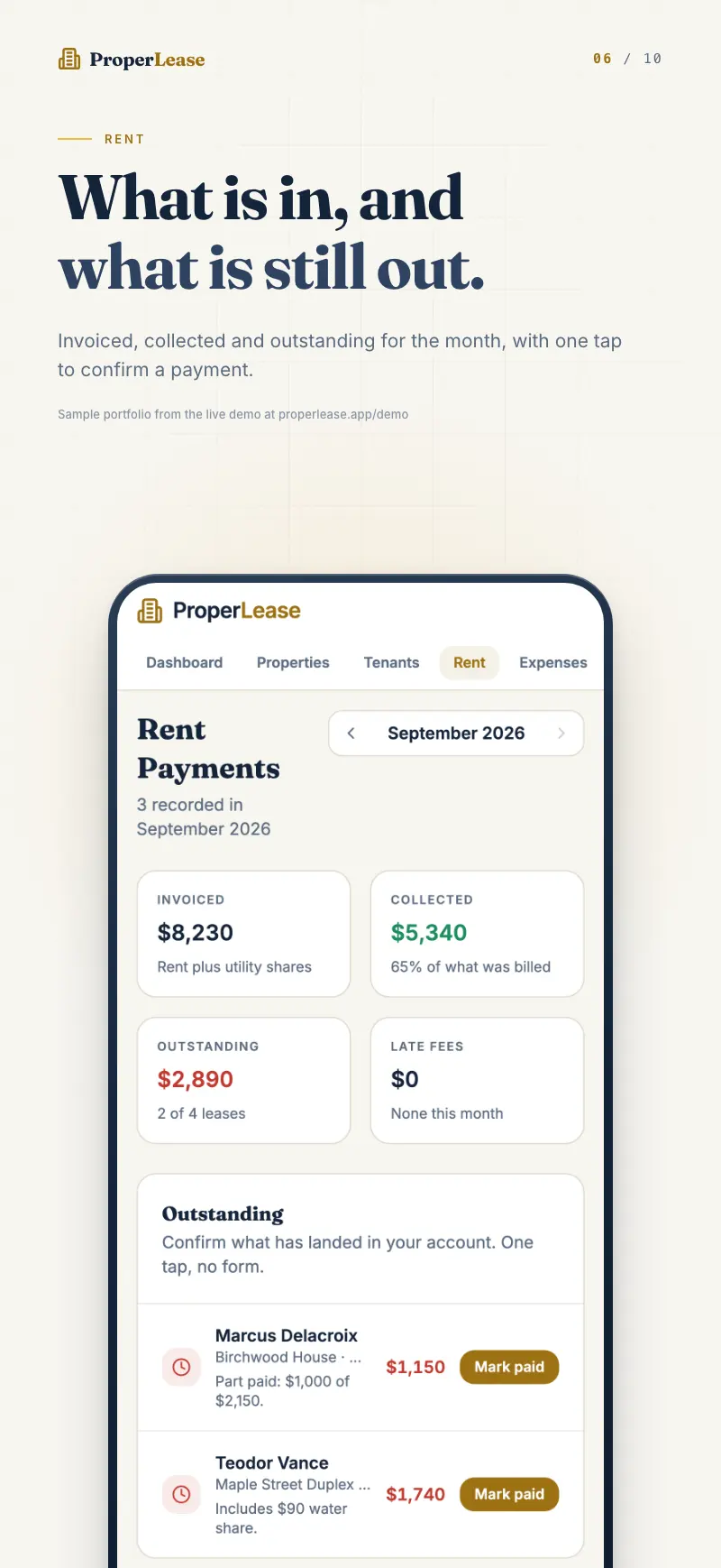 Payment log with the method and receipt for every rent payment recorded.