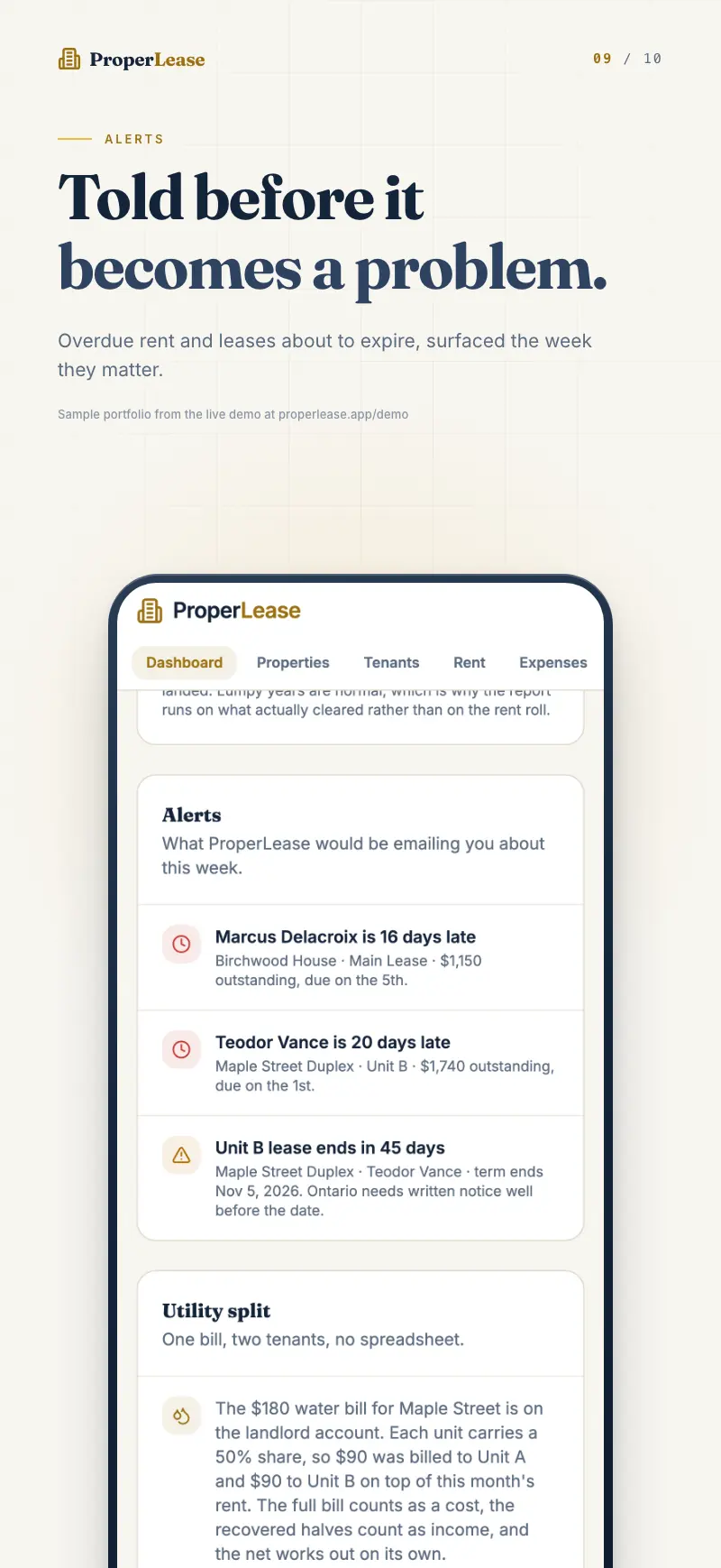 Notifications for overdue rent and leases about to expire.