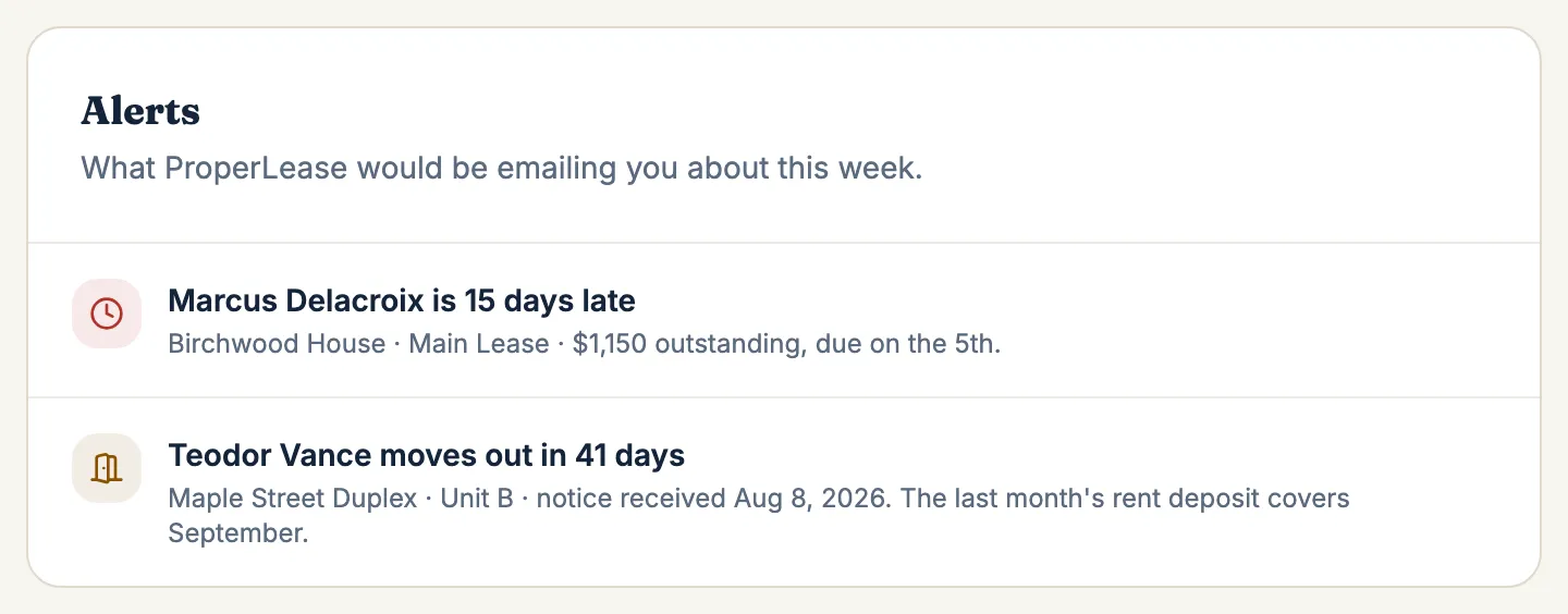 The dashboard alert counting down to a move-out in 41 days, noting that the rent deposit covers September
