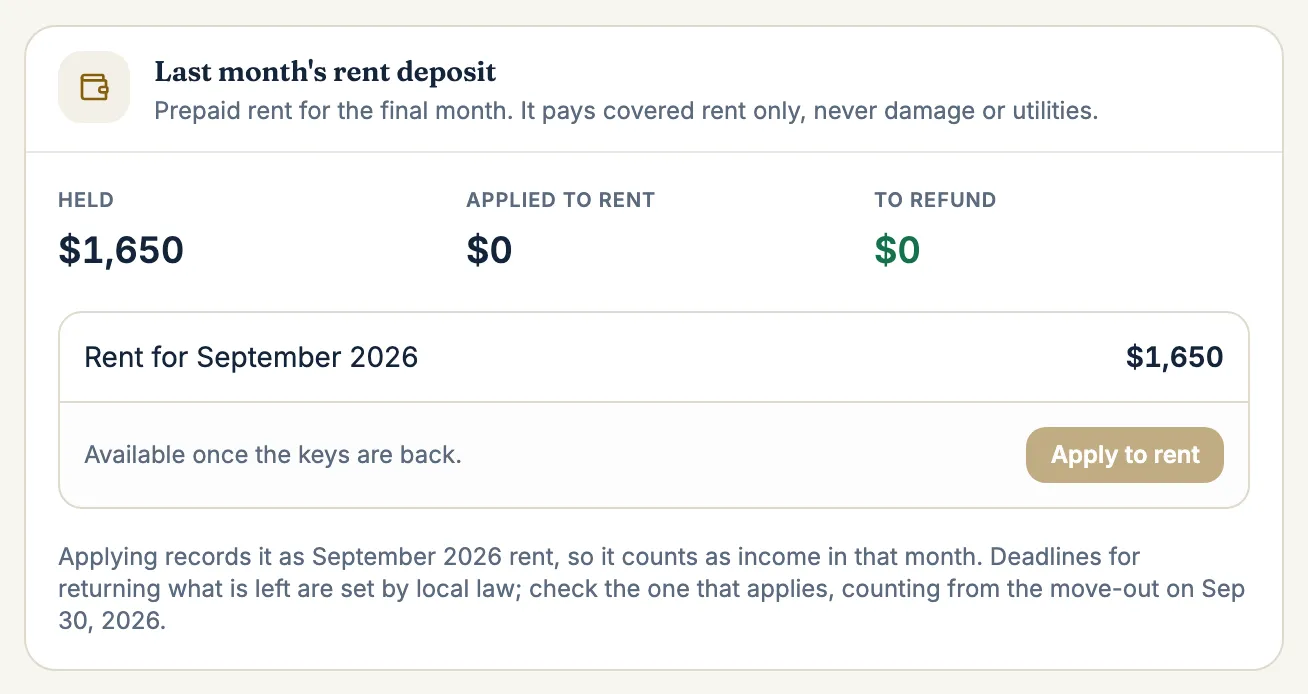 The last month rent deposit ready to pay September rent once the keys are back