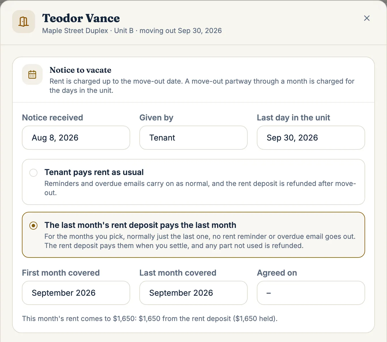A notice to vacate in ProperLease with September covered by the last month rent deposit