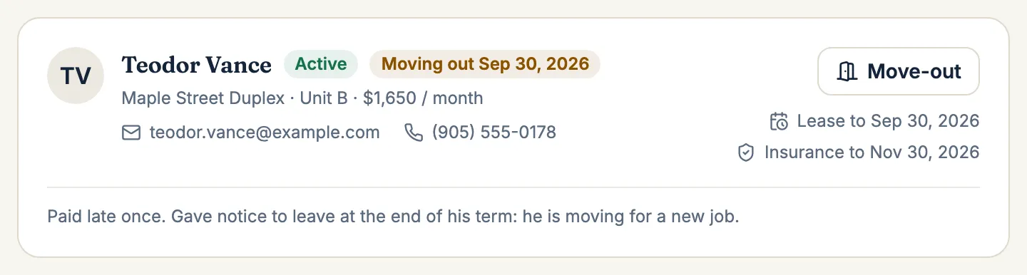 A tenant marked as moving out on September 30, with a Move-out button next to the lease details